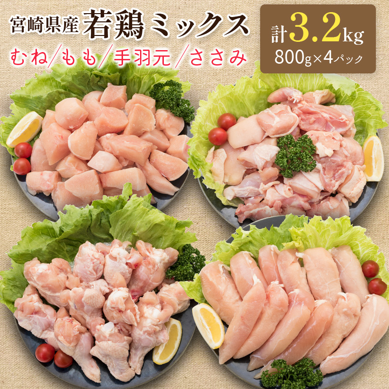宮崎県産若鶏お楽しみセット合計3.2kg(むね･もも･手羽元･ささみ各800g)【A227】